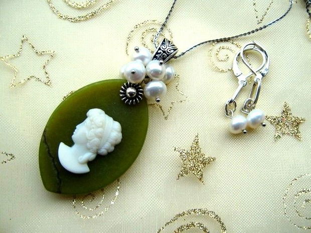 925 STERLING SILVER '' OLIVINE CAMEO''- set- REZERVAT!!!