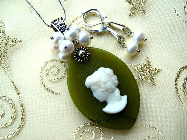 925 STERLING SILVER '' OLIVINE CAMEO''- set- REZERVAT!!!