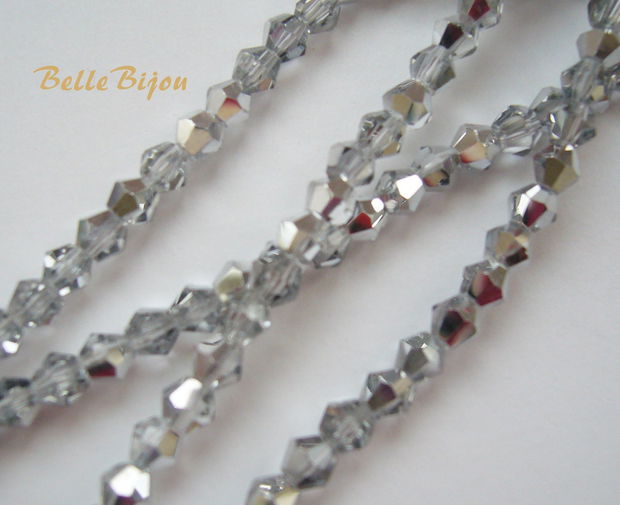 Cristale biconice de aprox 4 mm gri-argintiu (10 bucati), imitatie Swarovski crystal crystal AB