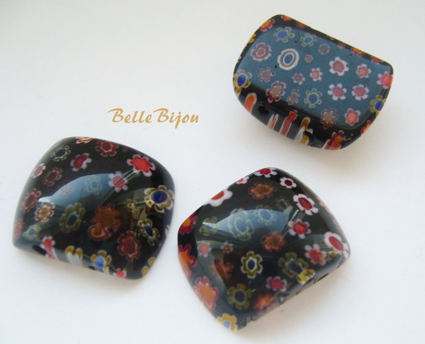 Margele millefiori negre cu 2 gauri aprox 8x17-18x21 mm