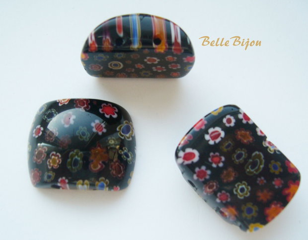 Margele millefiori negre cu 2 gauri aprox 8x17-18x21 mm