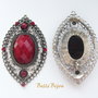 Pandant argint tibetan cu cabochon fatetat din acril visiniu si strasuri sticla 60x37 mm
