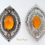 Pandant argint tibetan cu cabochon fatetat din acril portocaliu si strasuri sticla 60x37 mm