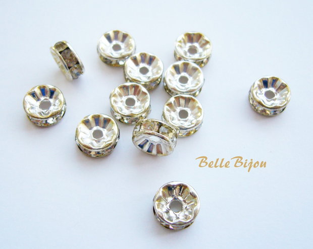 Distantiere argintii cu rhinestone albe 8x4mm