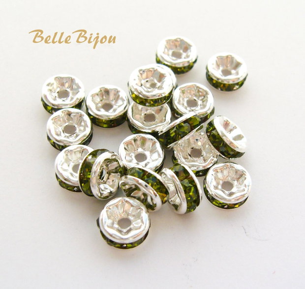 Distantiere argintii cu rhinestone verde-iarba 6x3mm