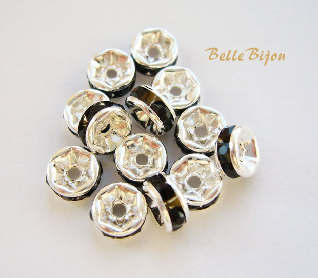 Distantiere argintii cu rhinestone negre 6x3mm