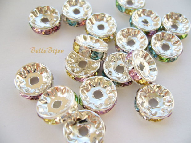 Distantiere argintii cu rhinestone multicolore 10x4 mm