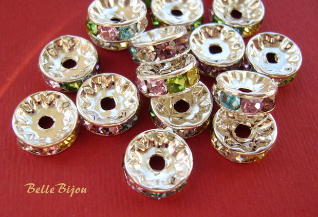 Distantiere argintii cu rhinestone multicolore 10x4 mm