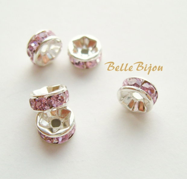 Distantiere argintii cu rhinestone roz 6x3mm