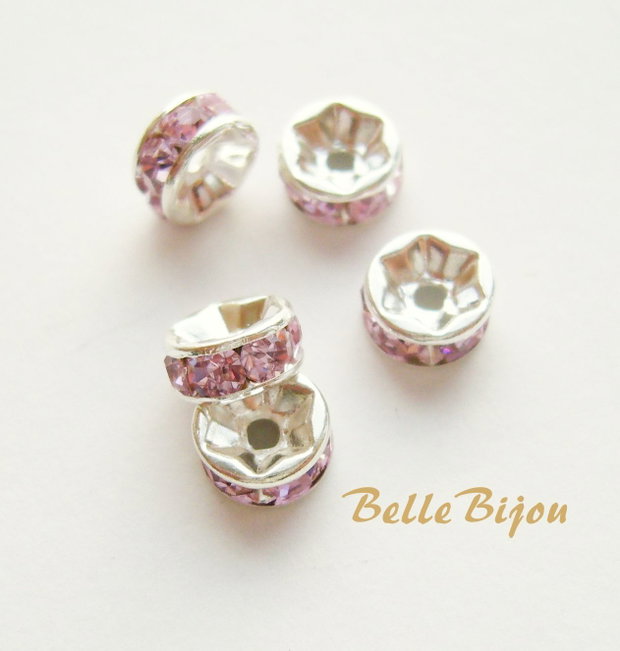 Distantiere argintii cu rhinestone roz 6x3mm