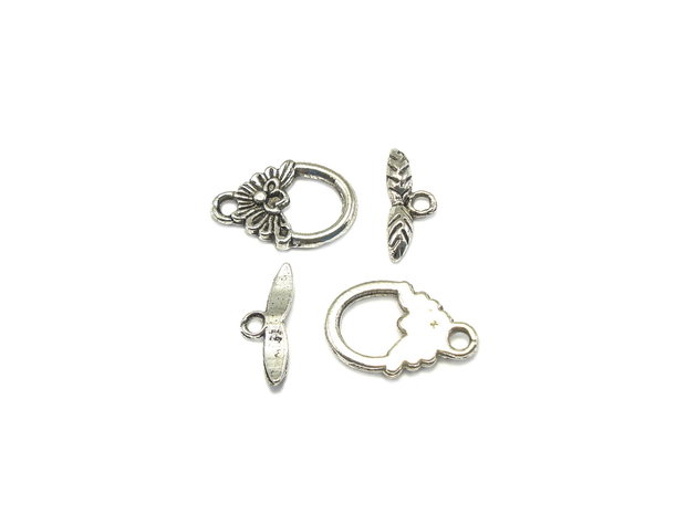 Inchizatoare tip toggle, model vegetal, argintiu antichizat, 18x12 + 16x7 mm (cod 13-22)