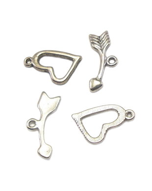 Inchizatoare tip toggle, inima, argintiu antichizat, 20x13 mm + 22x10 mm (cod 13-41)