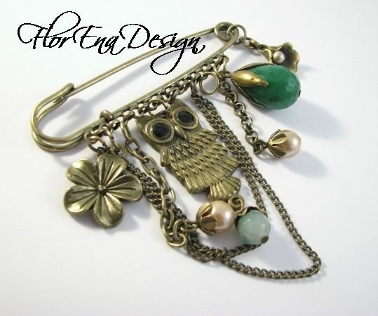 F0752 # Brosa, jad verde, perle tip Mallorca, agata verde, aliaj metalic bronz