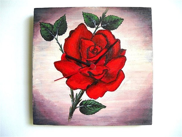 Ceas pictat pe lemn de stejar cu acrilice "Trandafir"