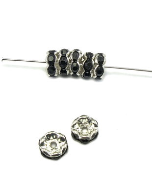 Distantier argintiu cu  rhinestone negru, 6 mm (cod 7-78)