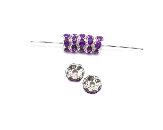 Distantier argintiu cu rhinestone mov inchis, 6 mm (cod 7-86)