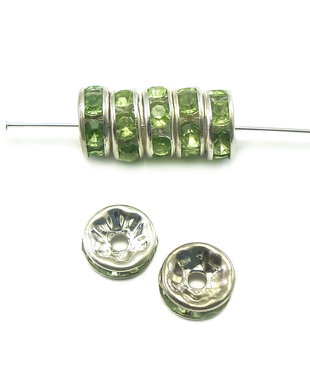 Distantier argintiu cu  rhinestone verde crud, 8 mm (cod 7-88)