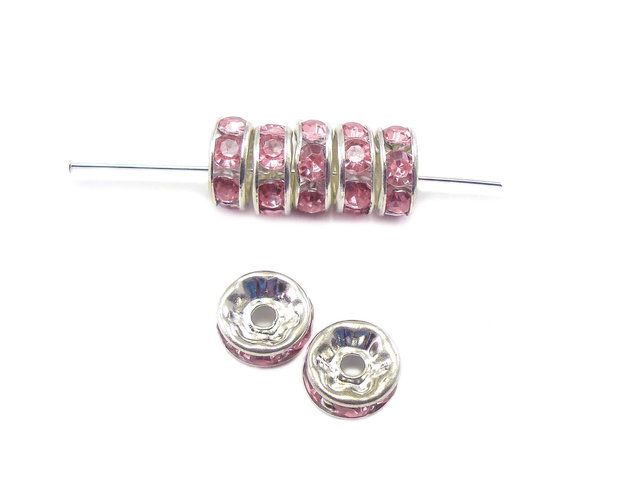Distantier argintiu cu rhinestone roz, 8 mm (cod 7-93)