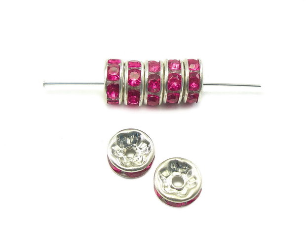 Distantier argintiu cu rhinestone roz intens, 8 mm (cod 7-94)