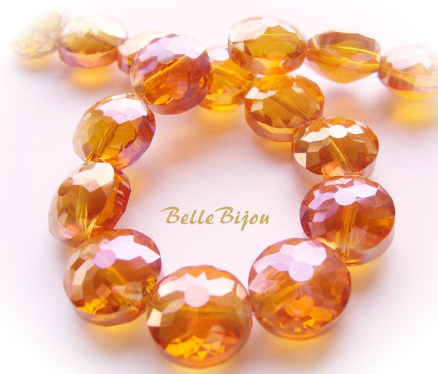 Pastile orange cu efect AB din sticla microfatetata in forma de floare cu diamentrul de 14 mm si grosimea de 10 mm