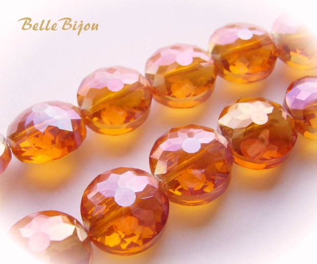 Pastile orange cu efect AB din sticla microfatetata in forma de floare cu diamentrul de 14 mm si grosimea de 10 mm