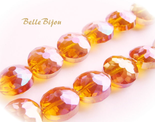 Pastile orange cu efect AB din sticla microfatetata in forma de floare cu diamentrul de 14 mm si grosimea de 10 mm