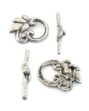 Inchizatoare tip toggle model vegetal, argintiu inchis antichizat, 25x19 mm + 30x6 mm (cod 13-110)