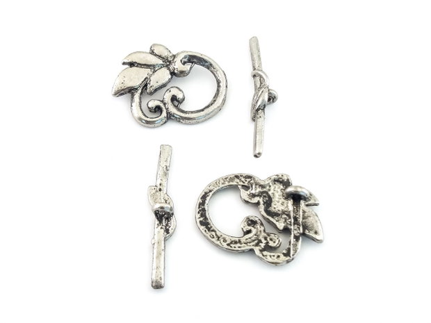 Inchizatoare tip toggle model vegetal, argintiu inchis antichizat, 25x19 mm + 30x6 mm (cod 13-110)