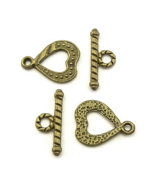 Inchizatoare tip toggle inima, finisaj bronz, 16x12,5 mm + 18x7,5 mm (cod 13-126)