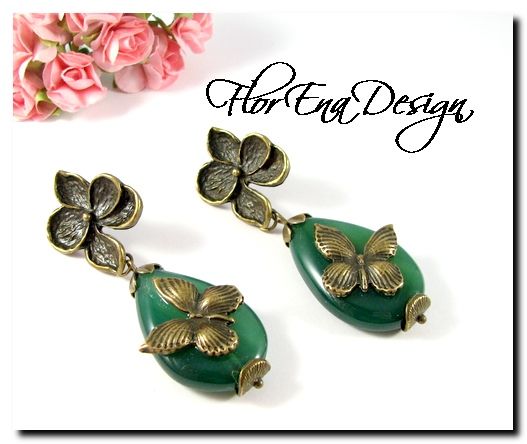 F1004 # Cercei cu tija, agate verzi, aliaj metalic bronz