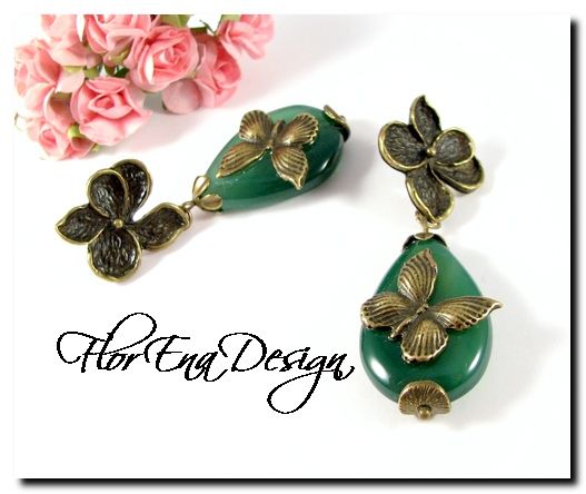 F1004 # Cercei cu tija, agate verzi, aliaj metalic bronz