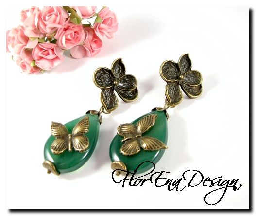 F1004 # Cercei cu tija, agate verzi, aliaj metalic bronz
