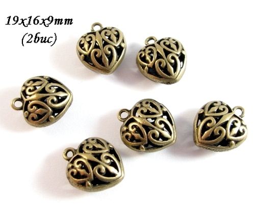 2116 # (6buc) Charm inima bronz, 19x16x9mm