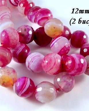 3863 - (16 buc) Agate fatetate, nuante fuchsia si alb-gri, 12mm
