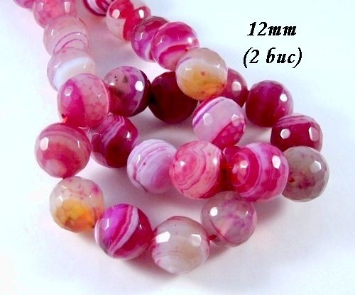 3863 - (16 buc) Agate fatetate, nuante fuchsia si alb-gri, 12mm