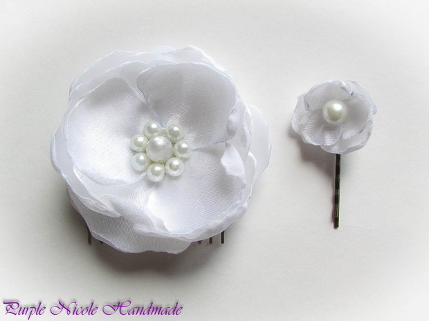 Set mireasa Delicate - pieptene si agrafa satin alb, perle