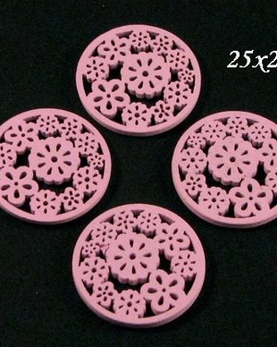 4080 - 10 buc Charms lemn disc flori roz