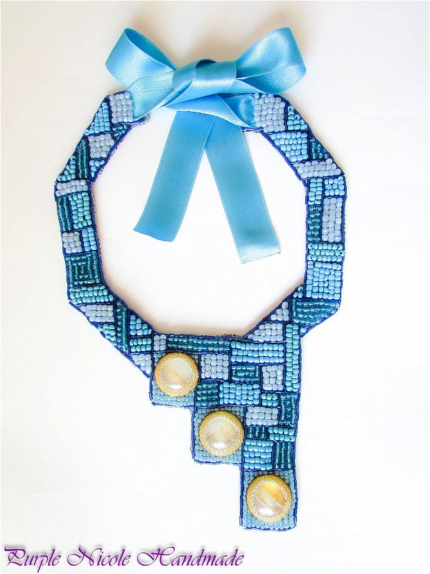 Mozaic - colier statement ocazie, margele turcoaz, bleu, auriu, albastru