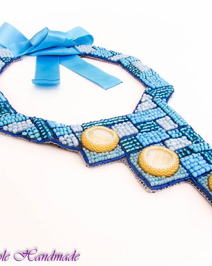 Mozaic - colier statement ocazie, margele turcoaz, bleu, auriu, albastru