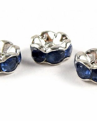 Distantiere argintii cu strasuri albastre, 6x3 mm