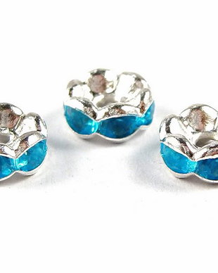 Distantiere argintii cu strasuri bleu, 7x3 mm