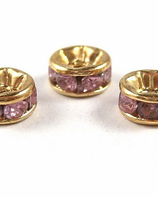 Distantiere aurii cu strasuri roz, 5x3 mm
