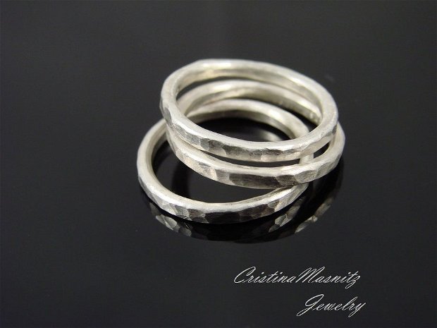 Stacking rings din argint 925, set de 3, cu textura de ciocan