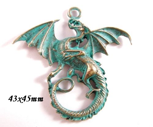 4541 - (1 buc) Pandantiv, dragon, bronz, patina de oxidare (verdigris)