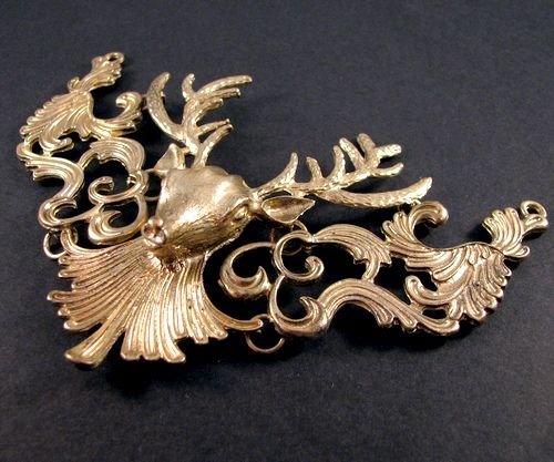 4575 # Pandantiv, baza colier, ornament, 3 segmente, cerb / ren, auriu-bronz, 110x80mm