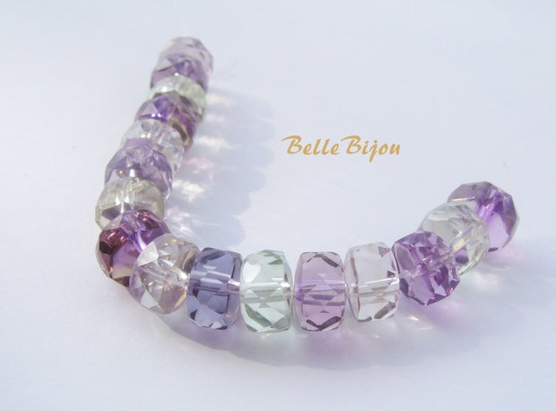 (4 buc) Rondele fatetate din ametist, ametrin si cristal de stanca de aprox 9x6 mm