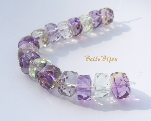 (4 buc) Rondele fatetate din ametist, ametrin si cristal de stanca de aprox 9x6 mm