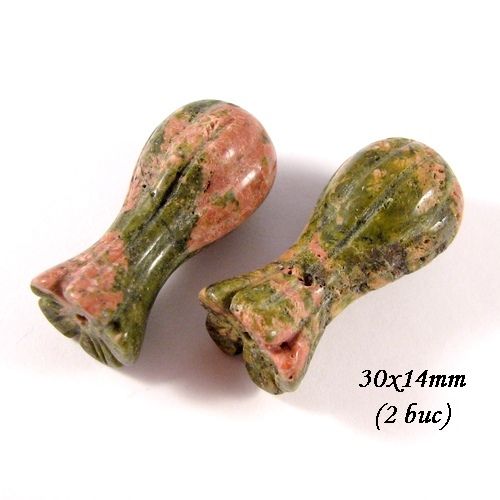 4744 - (2 buc) Unakite sculptate, 30x14mm