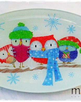 Farfurie de sticla - Cute Snow-owls