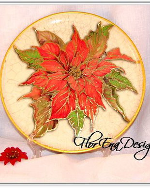D0244 # Craciunita - farfurie lemn, tehnica decoupage, patina de antichizare / crapare, 22cm